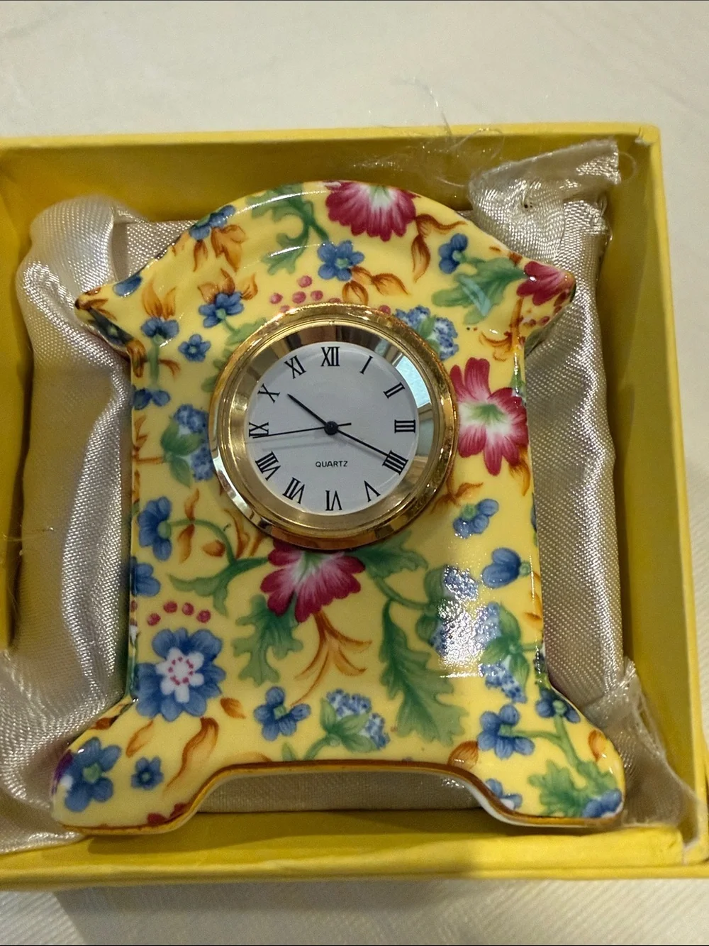 Twos Company Yellow Floral Mini Mantel Clock - Decorative Ceramic Accent NWT
